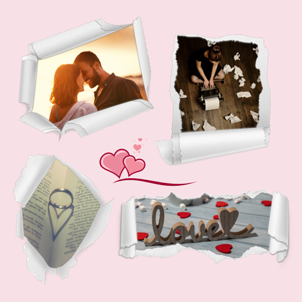 Collage romantique avec un couple au coucher du soleil, un écrivain inspiré, une bague en forme de cœur sur un livre, et le mot 'love' entouré de confettis en forme de cœur